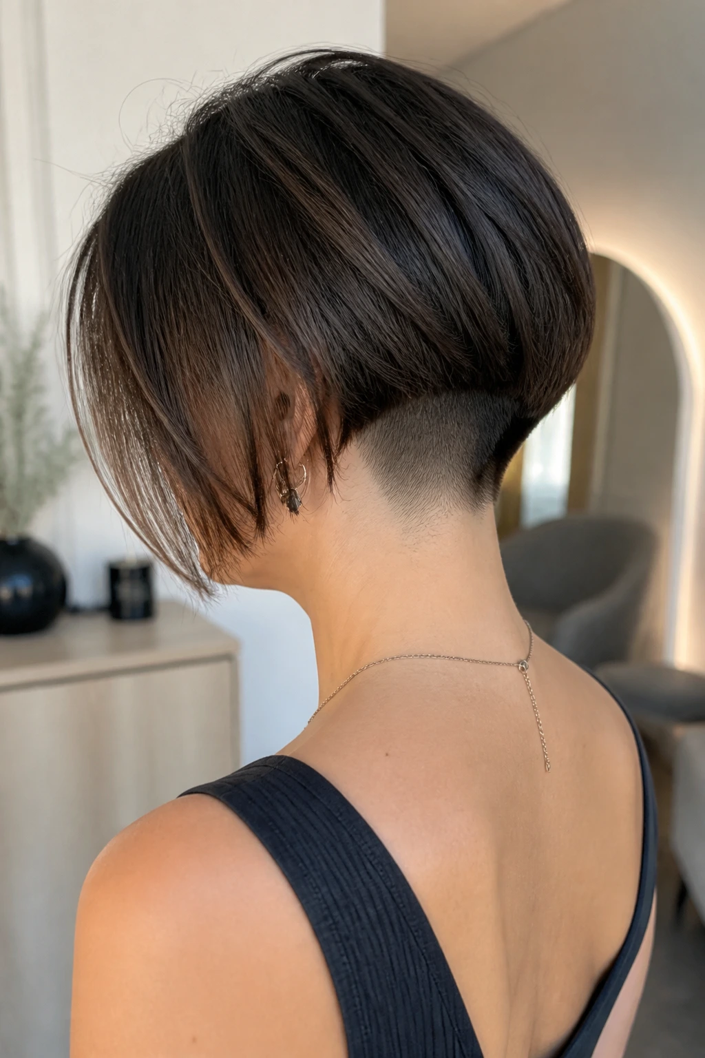 Rear three-quarter view of a real woman with a nape undercut in bob