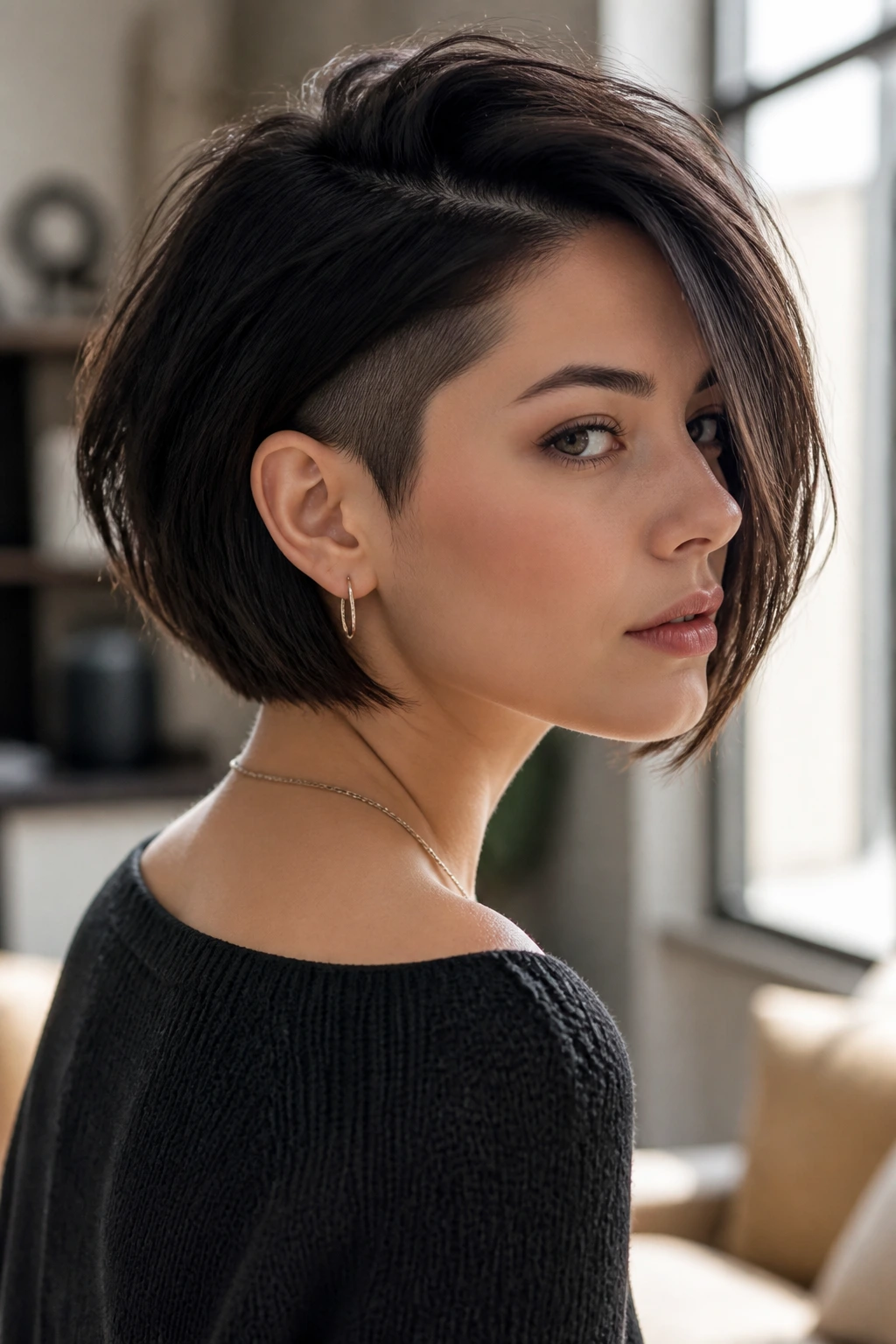 Three-quarter profile of a person with an undercut bob hairstyle