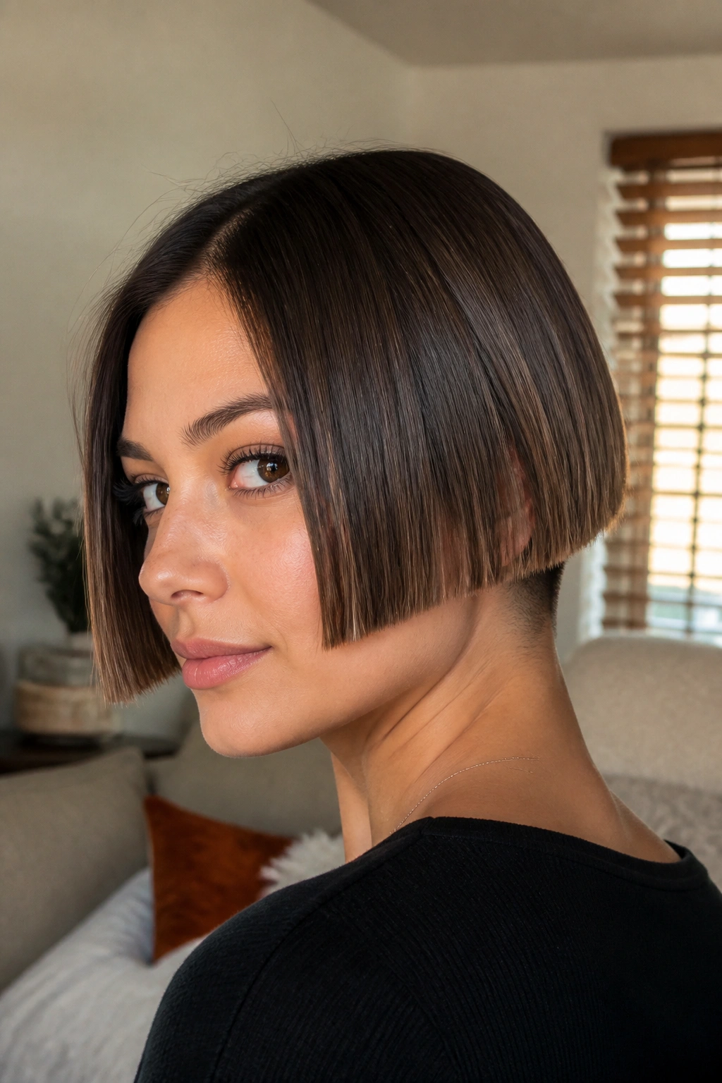 Close-up portrait of a real woman with a sleek one-length bob and undercut at the nape in a cozy living room with soft window light