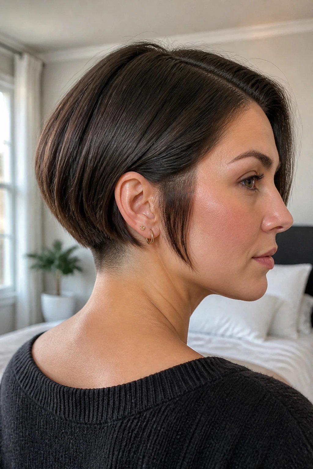 Portrait of a woman with thick-hair undercut bob showing subtle nape undercut