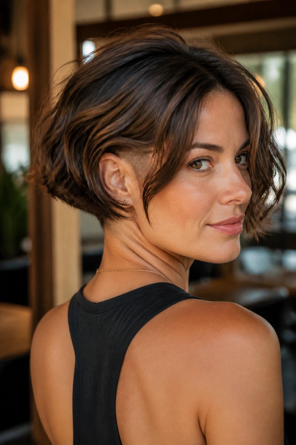 Portrait of a real woman showing an undercut bob at the nape
