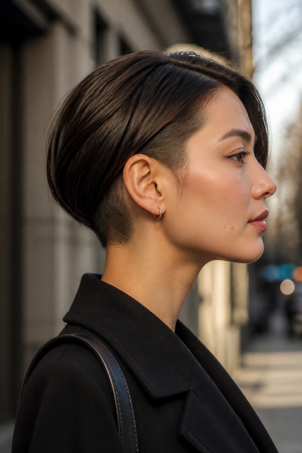 Side profile of undercut bob with tucked sides behind the ear