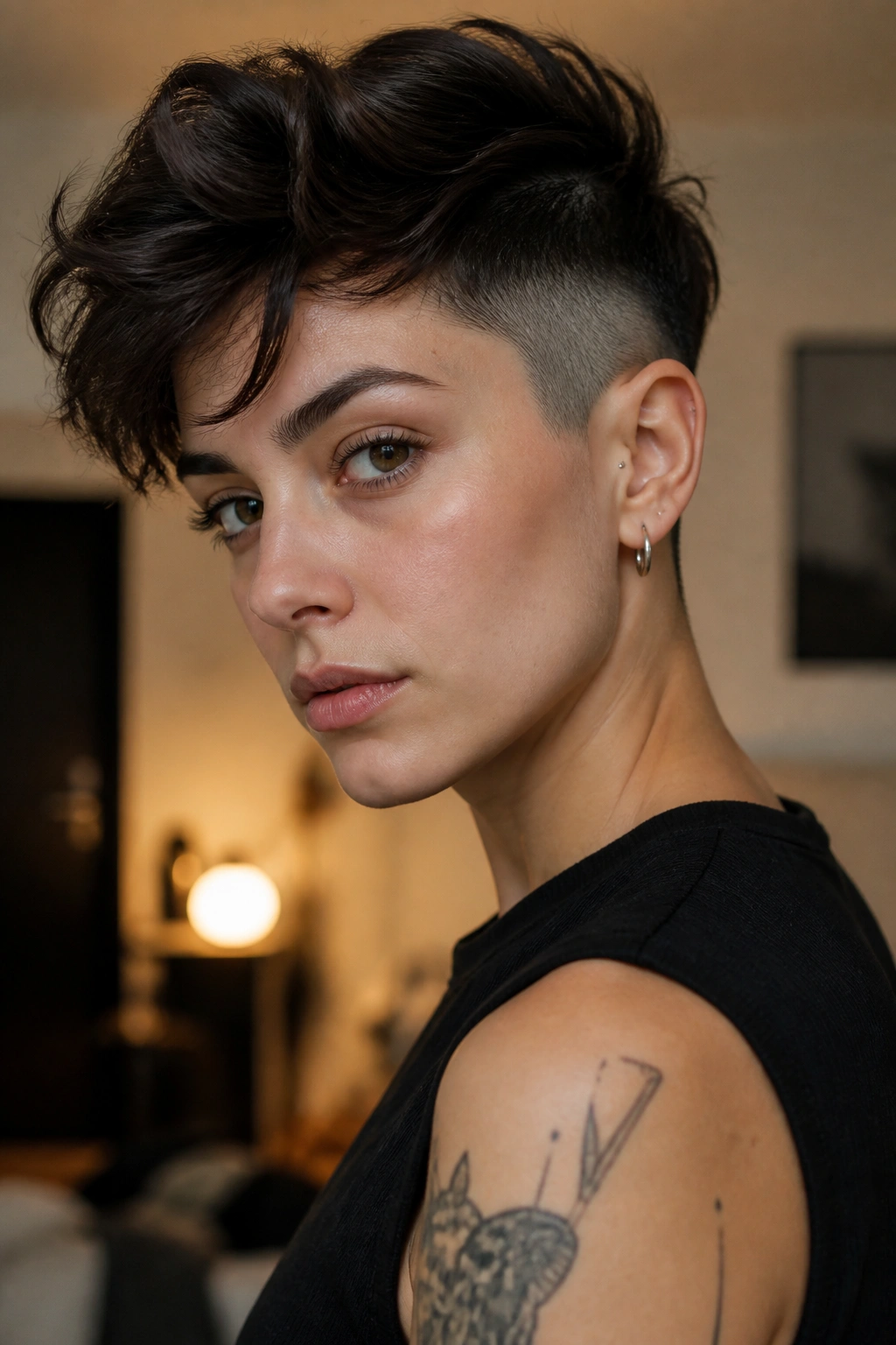 Close-up of a real person with an undercut crop and long top