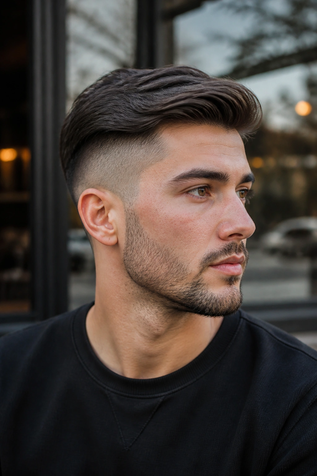 Close-up portrait of a real person with an undercut crop and swept top