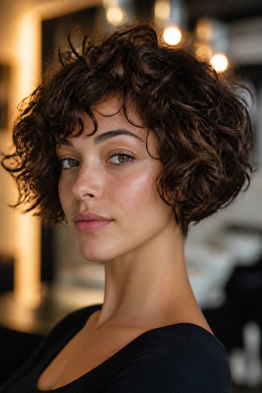 Close-up of a real woman with a curly bob covering a hidden nape undercut