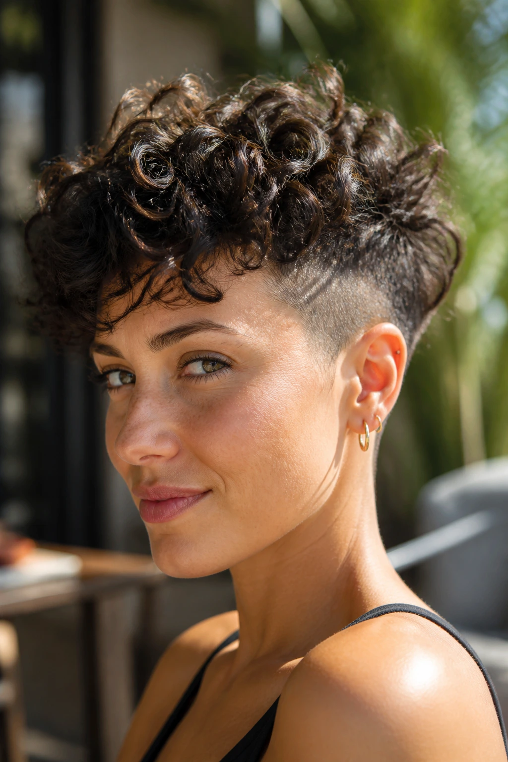 Close-up portrait of a real woman with an undercut curly cut in warm outdoor light.