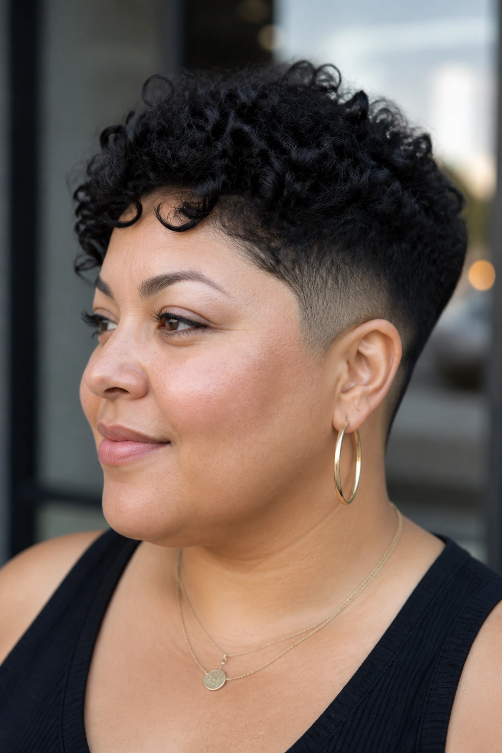 Close-up of a real woman with an undercut curly pixie hairstyle in soft daylight.