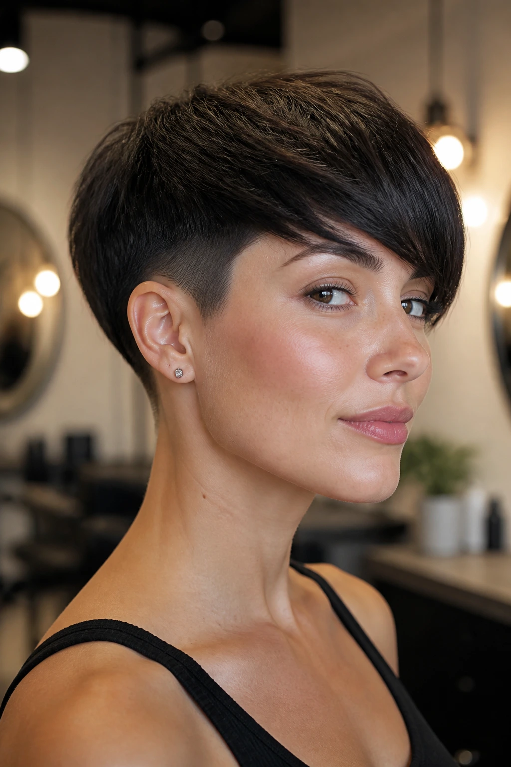 Close-up of a real woman with an undercut fringe pixie under warm salon lighting.