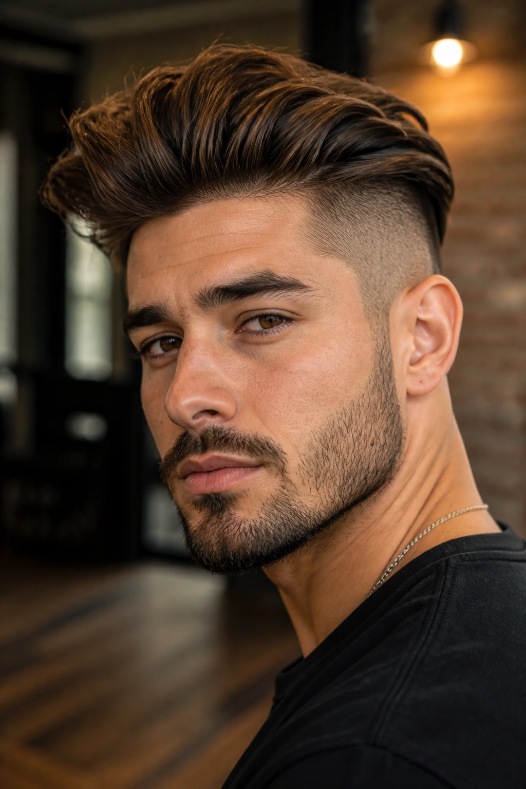 Close-up of man with heavy top undercut in warm indoor lighting