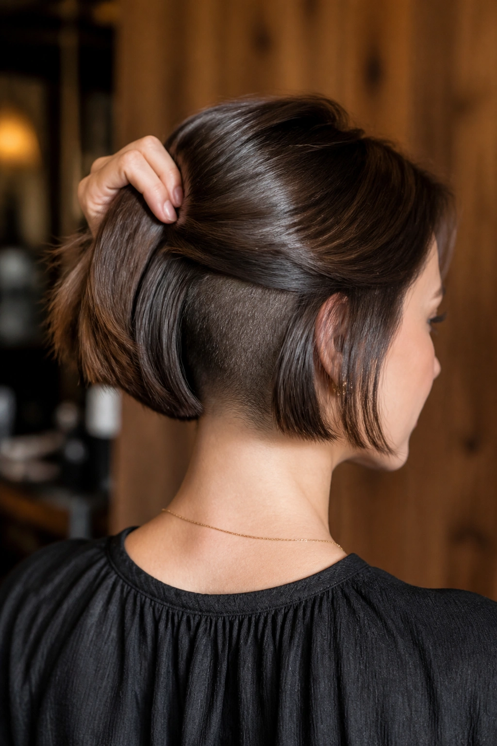 Three-quarter rear portrait of a woman with a chin-length bob and hidden undercut at the nape.