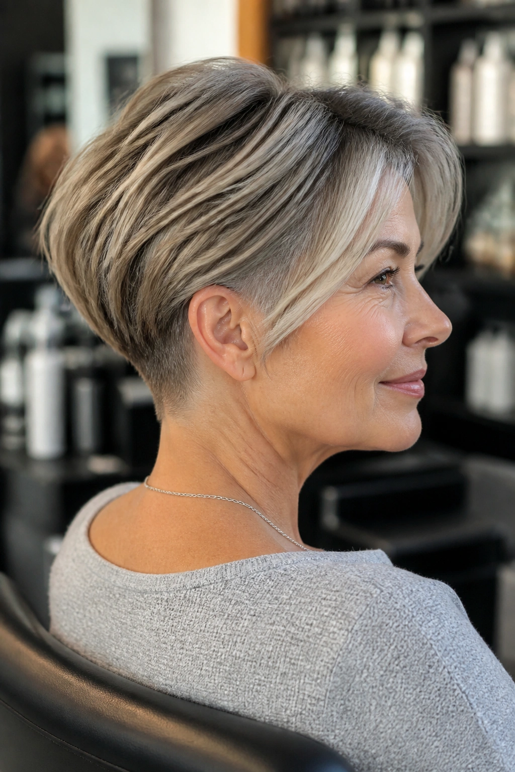 Close-up of thick-haired individual with a subtle undercut at the nape for a pixie bob