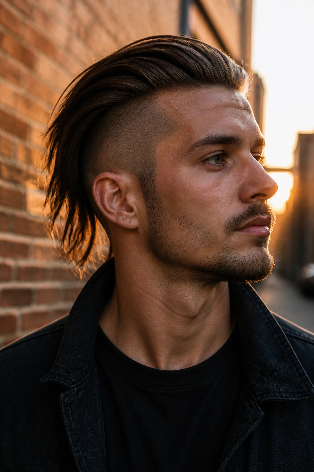 Close-up of a man with a long undercut against a brick alley background