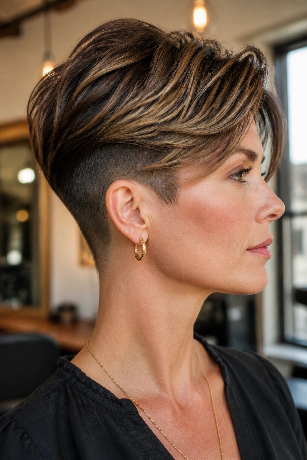 Close-up portrait of a woman with an undercut long pixie showing nape undercut in a warm salon.