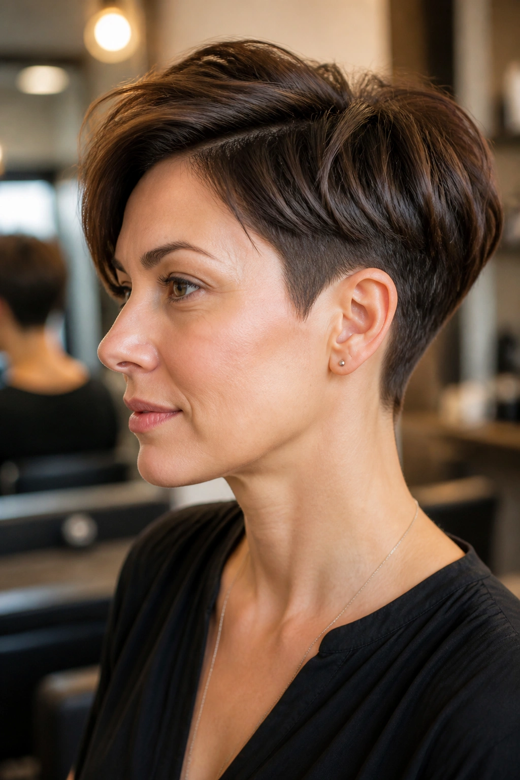 Portrait of a real person with an undercut hidden beneath a long pixie, visible top layer