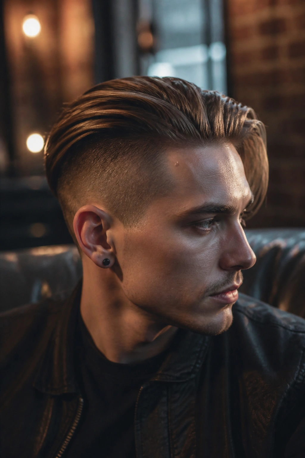 Close-up of man with undercut and long top hairstyle