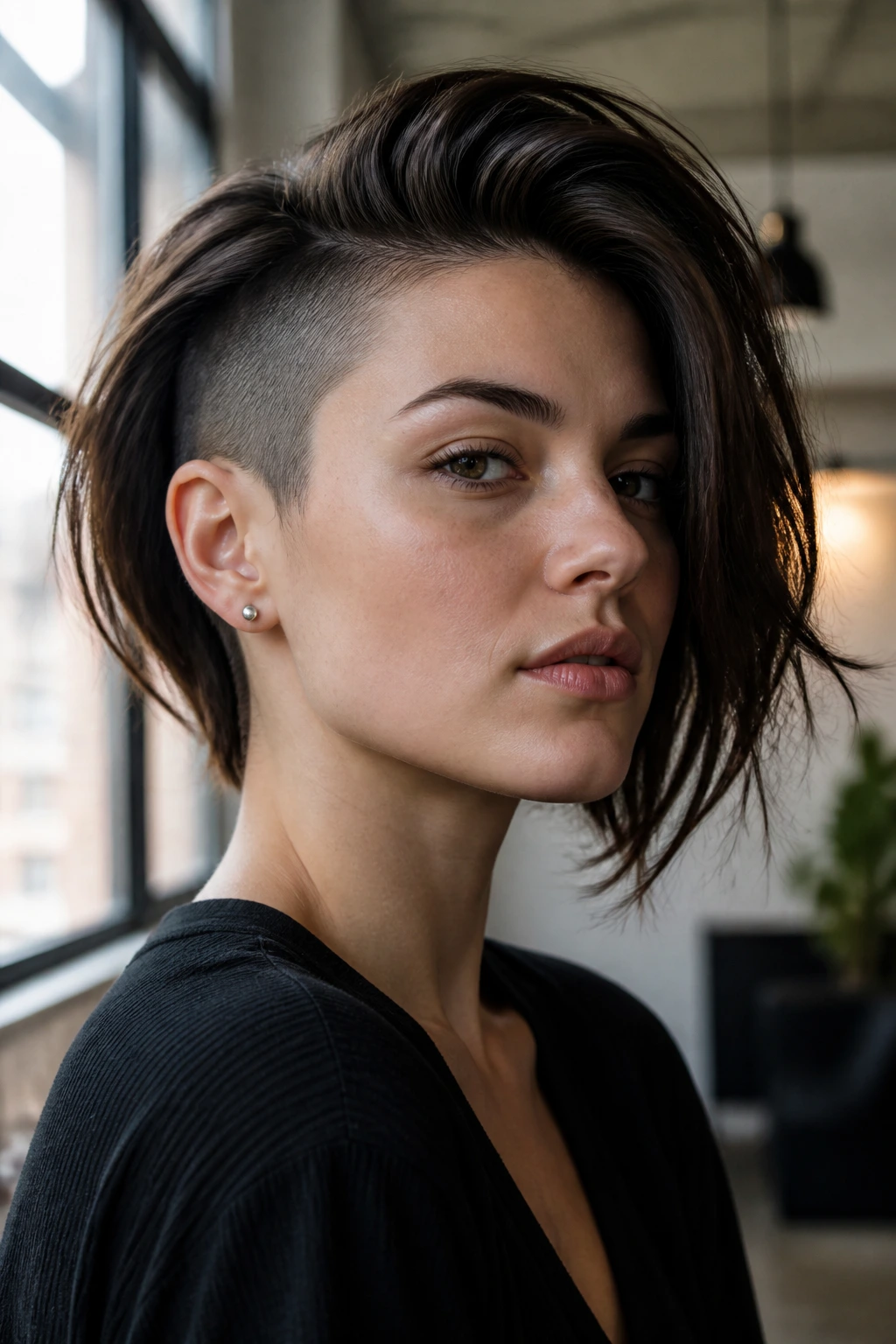Portrait showing undercut with long top hairstyle on a real person