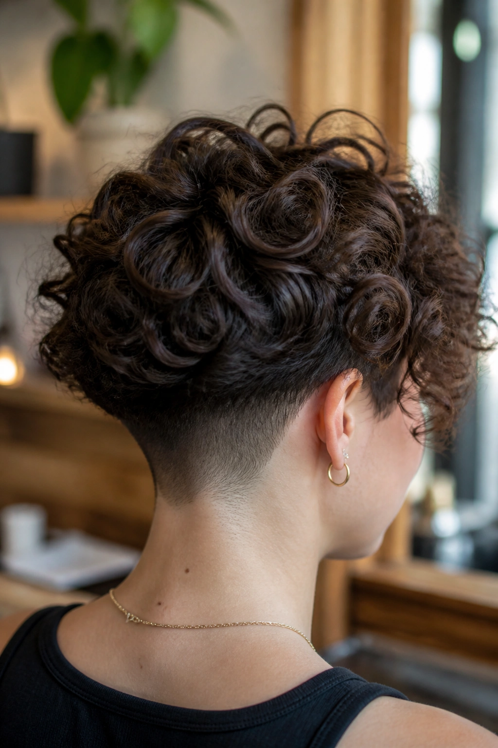 Close-up of a real person with a low undercut at the nape and dense curly top