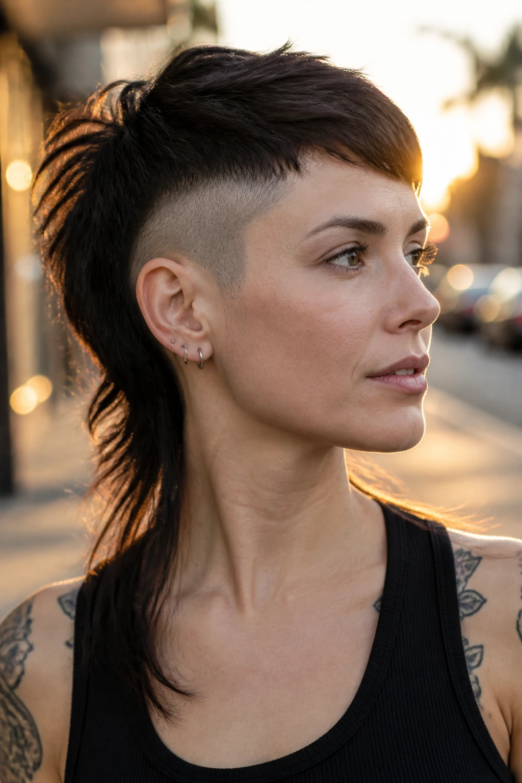 Close-up portrait of a woman with an undercut mullet and clean sides.