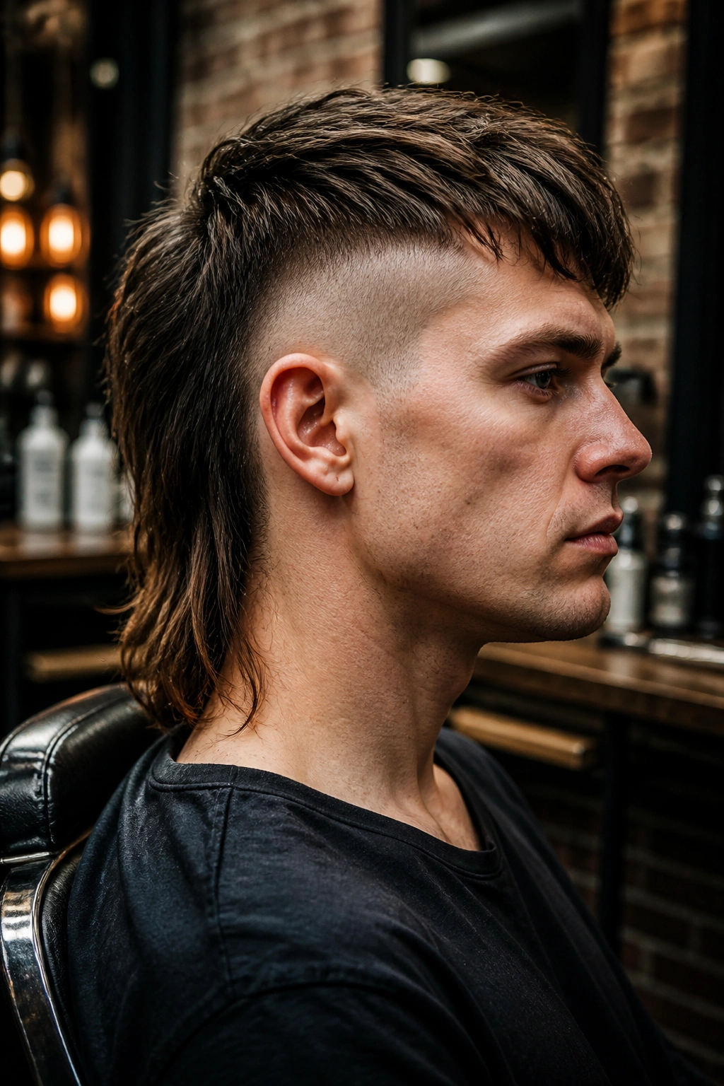 Man with undercut mullet in a barber shop interior.