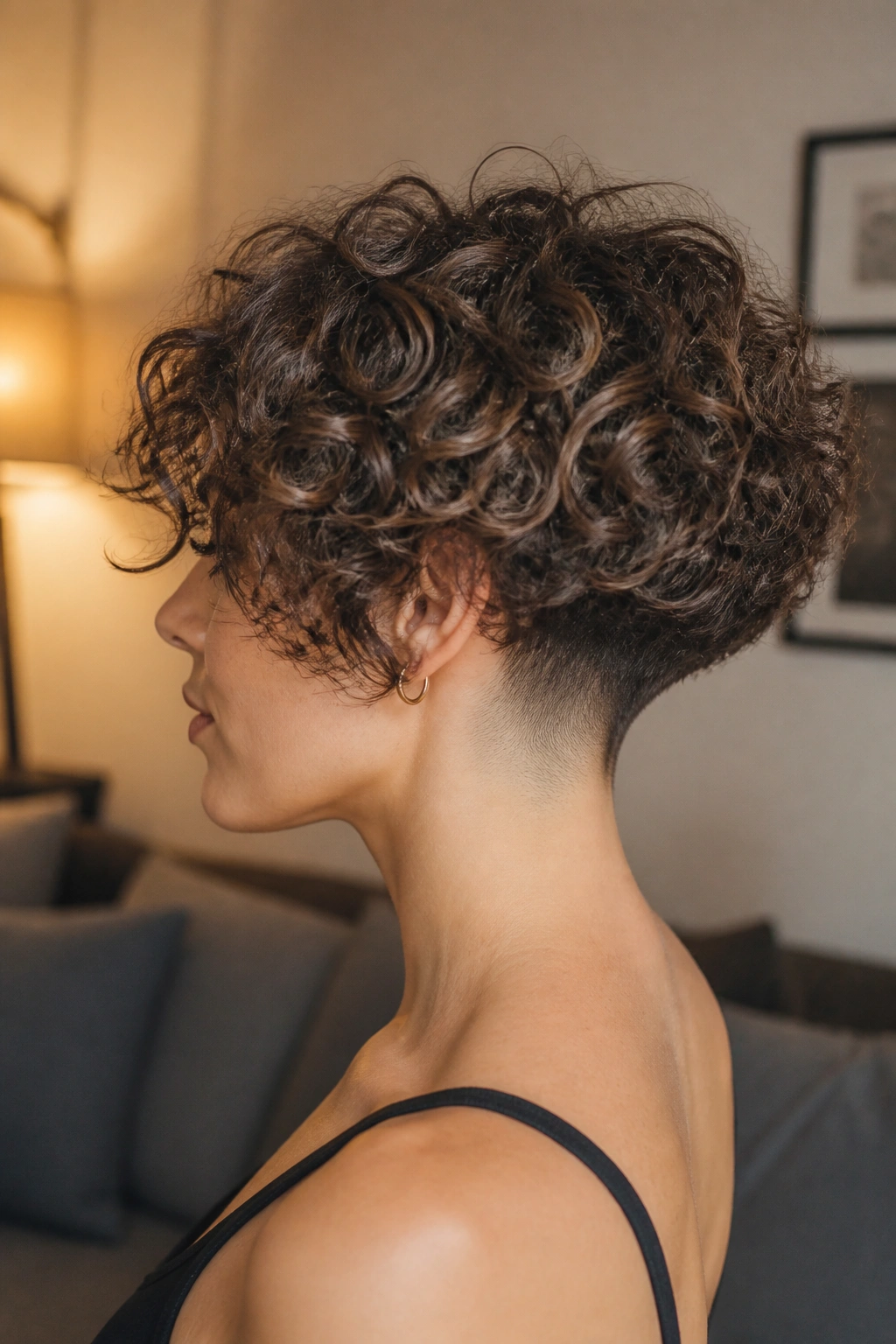 Side-profile of Curly Bob with an Undercut Nape on a real person