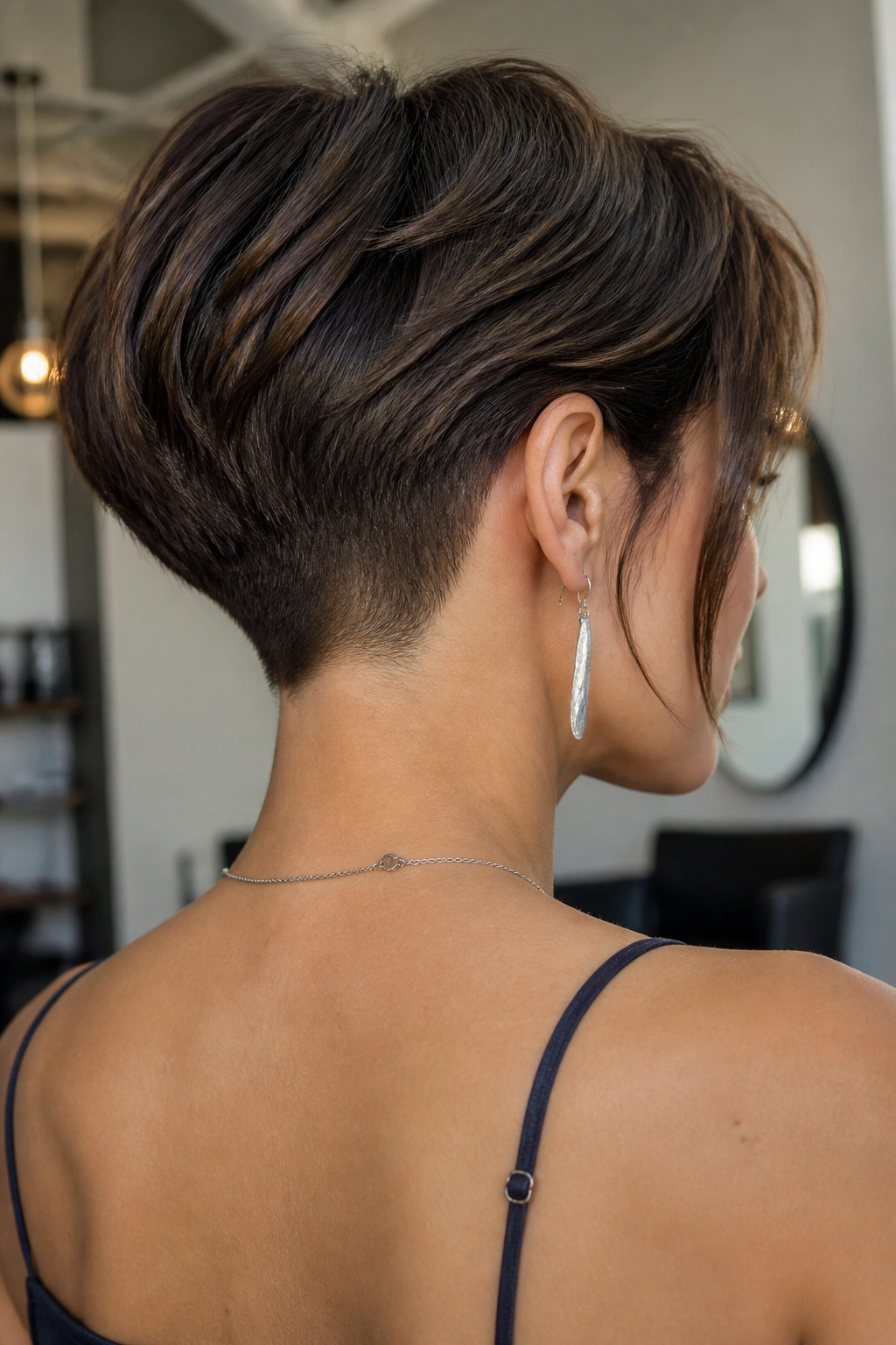 Rear three-quarter view of a real woman with undercut nape long pixie bob