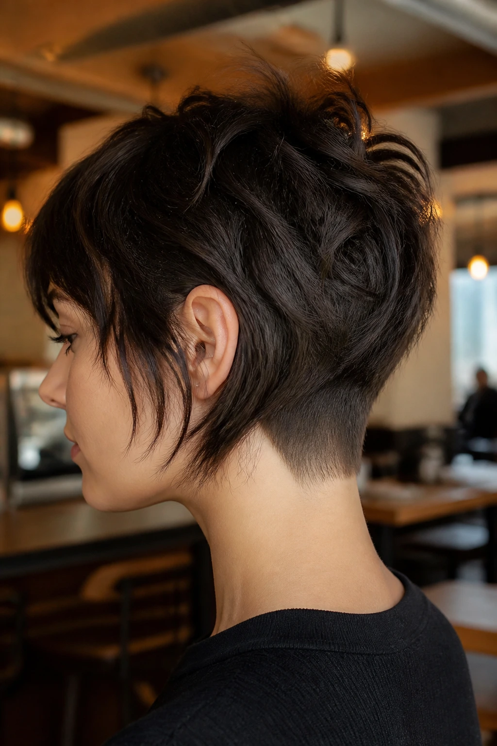 Profile of real person with wolf cut bob and nape undercut