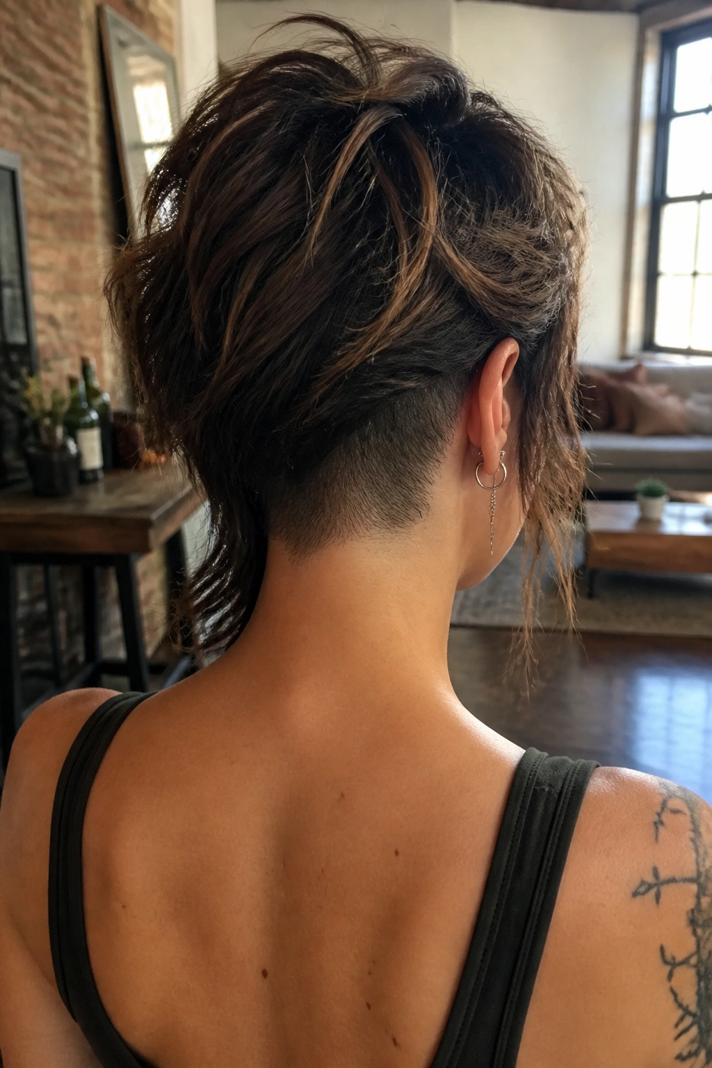 Back-of-head portrait showing a shaved undercut at the nape under a textured wolf cut.
