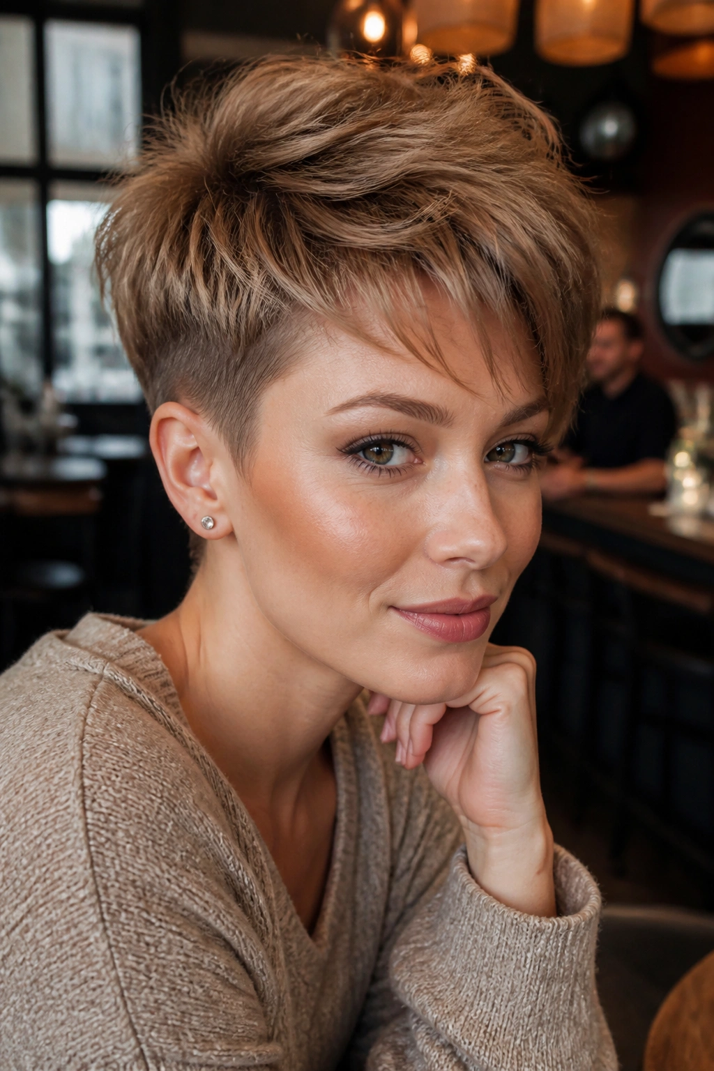 Real woman with soft undercut pixie in a cafe setting