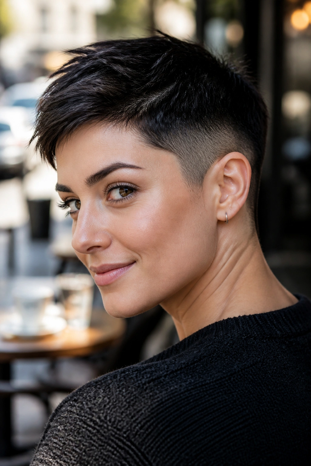 Portrait of a real woman with undercut pixie hairstyle