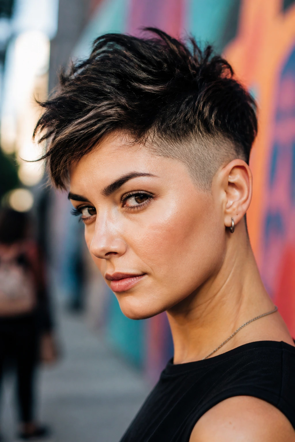 Portrait of a woman with an undercut pixie hairstyle.