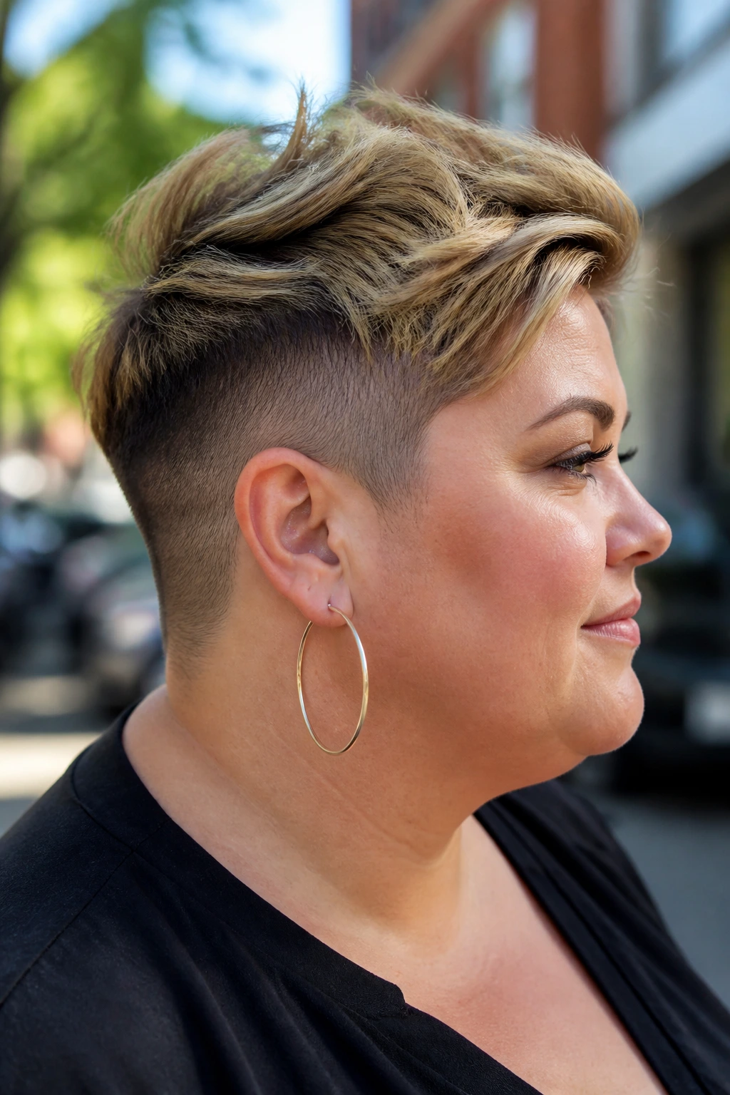 Real woman with undercut pixie hairstyle on urban street backdrop
