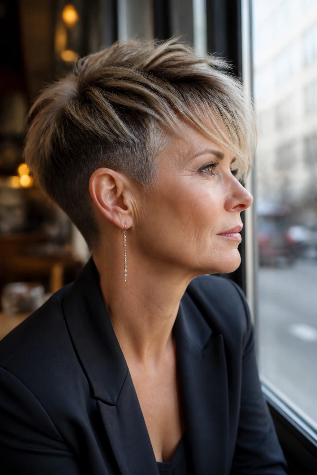 Close-up of a real woman with an undercut pixie hairstyle