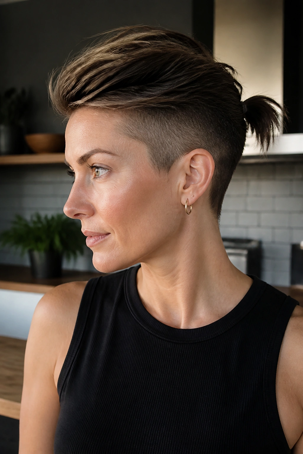 Close-up portrait of a real person with an undercut pixie-bob and a small ponytail at the crown