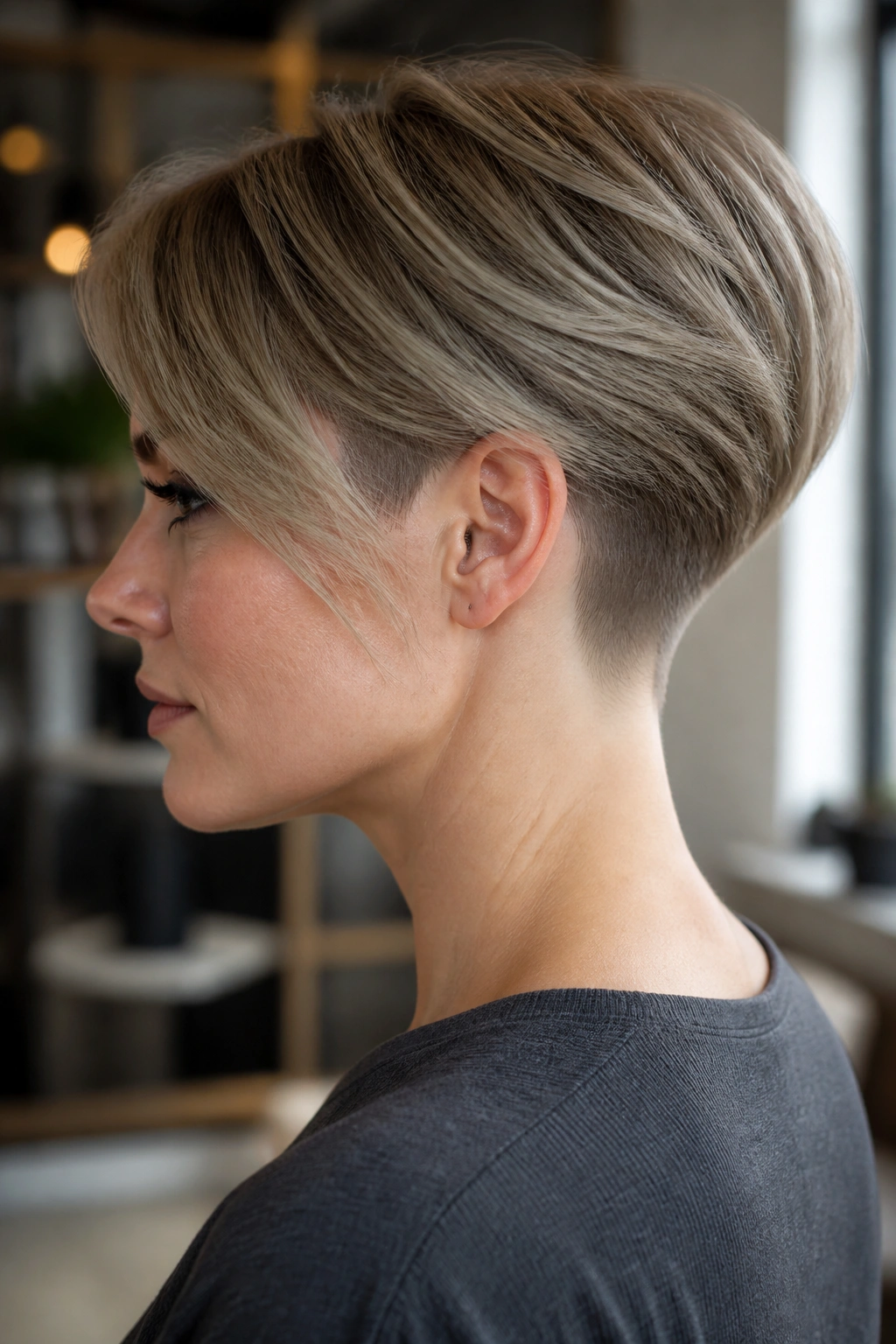 Close-up of a woman with a slim-nape undercut pixie bob.