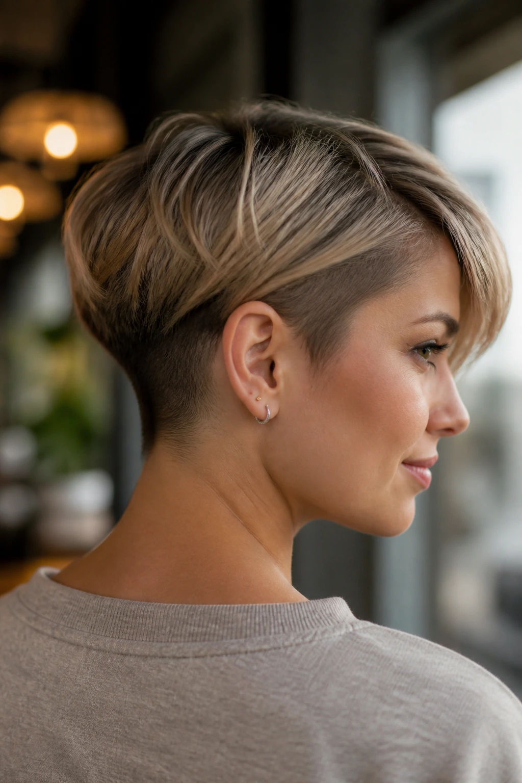 Portrait of a woman with an undercut pixie bob, nape shaved visible in three-quarter view