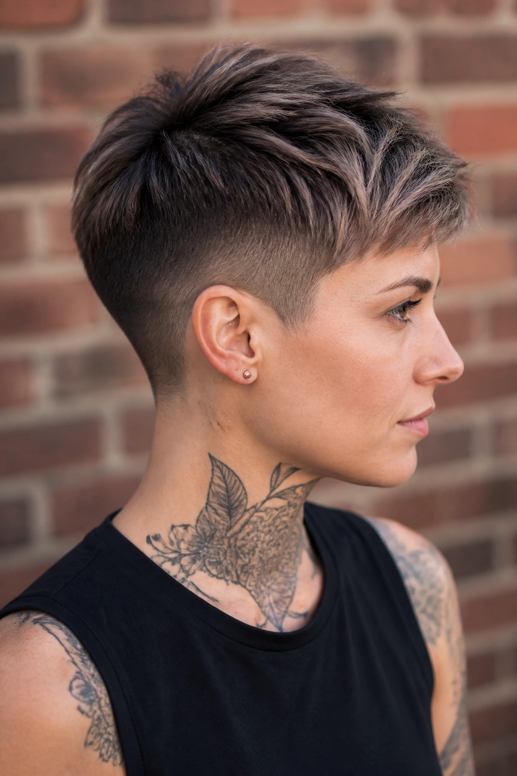Portrait of a real woman with an undercut pixie showing contrast