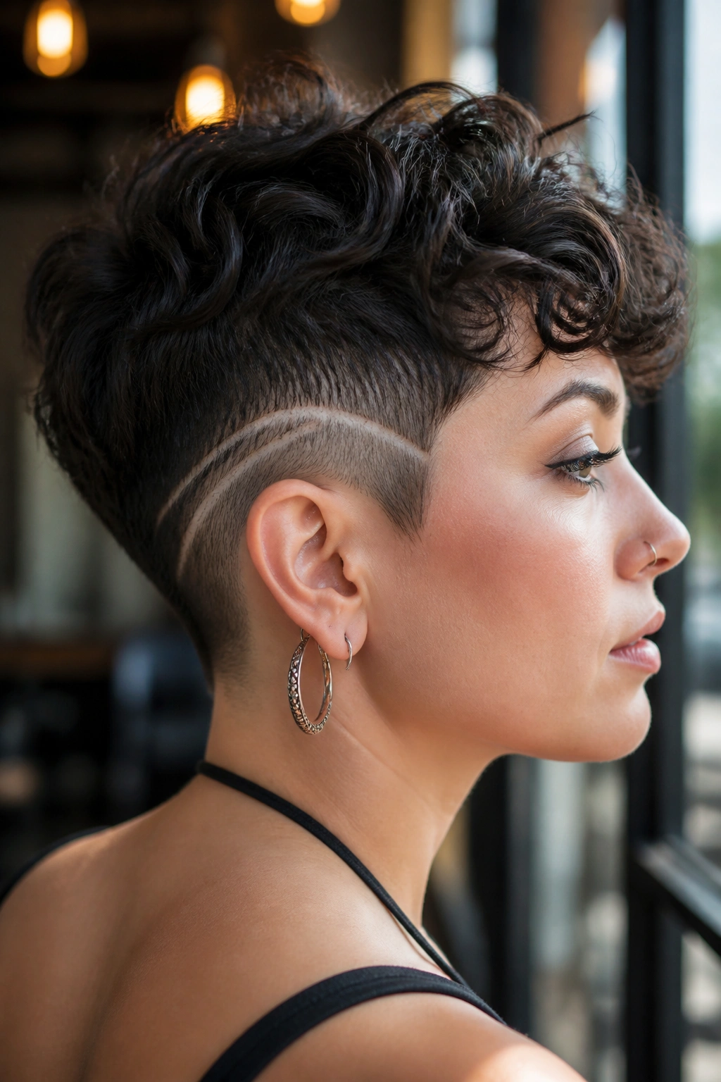 Close-up of a real person with a curly pixie and undercut design on the side.