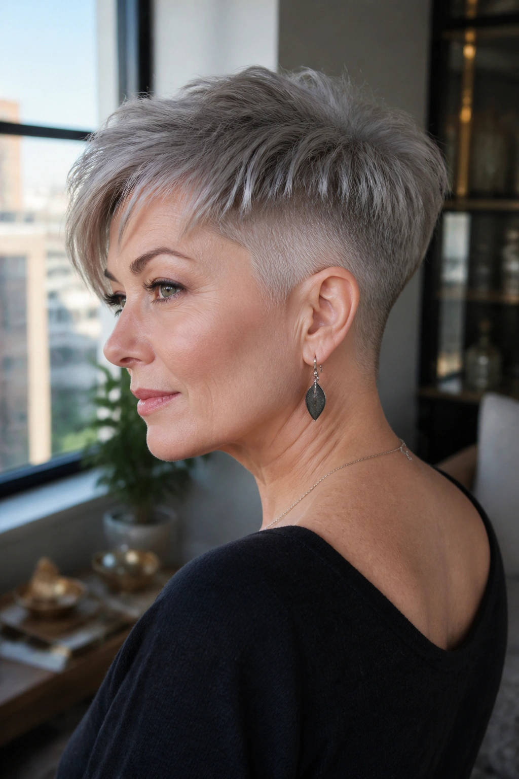 Three-quarter portrait of a real woman with an undercut pixie for dense hair.