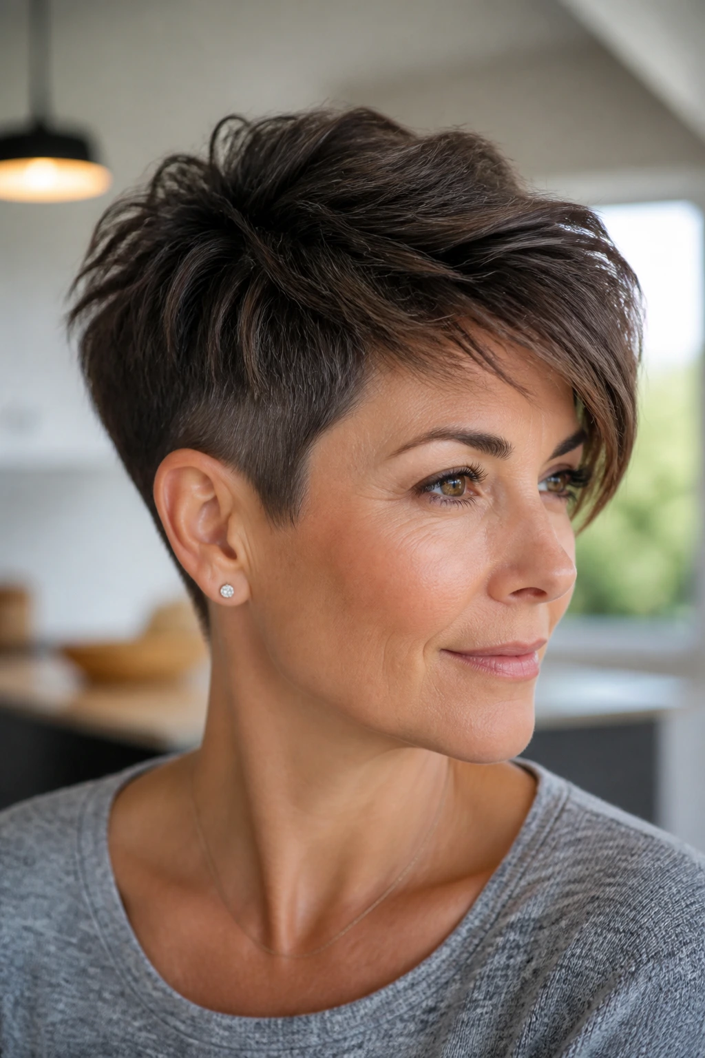 Close-up portrait of a real woman with an undercut pixie for dense hair.