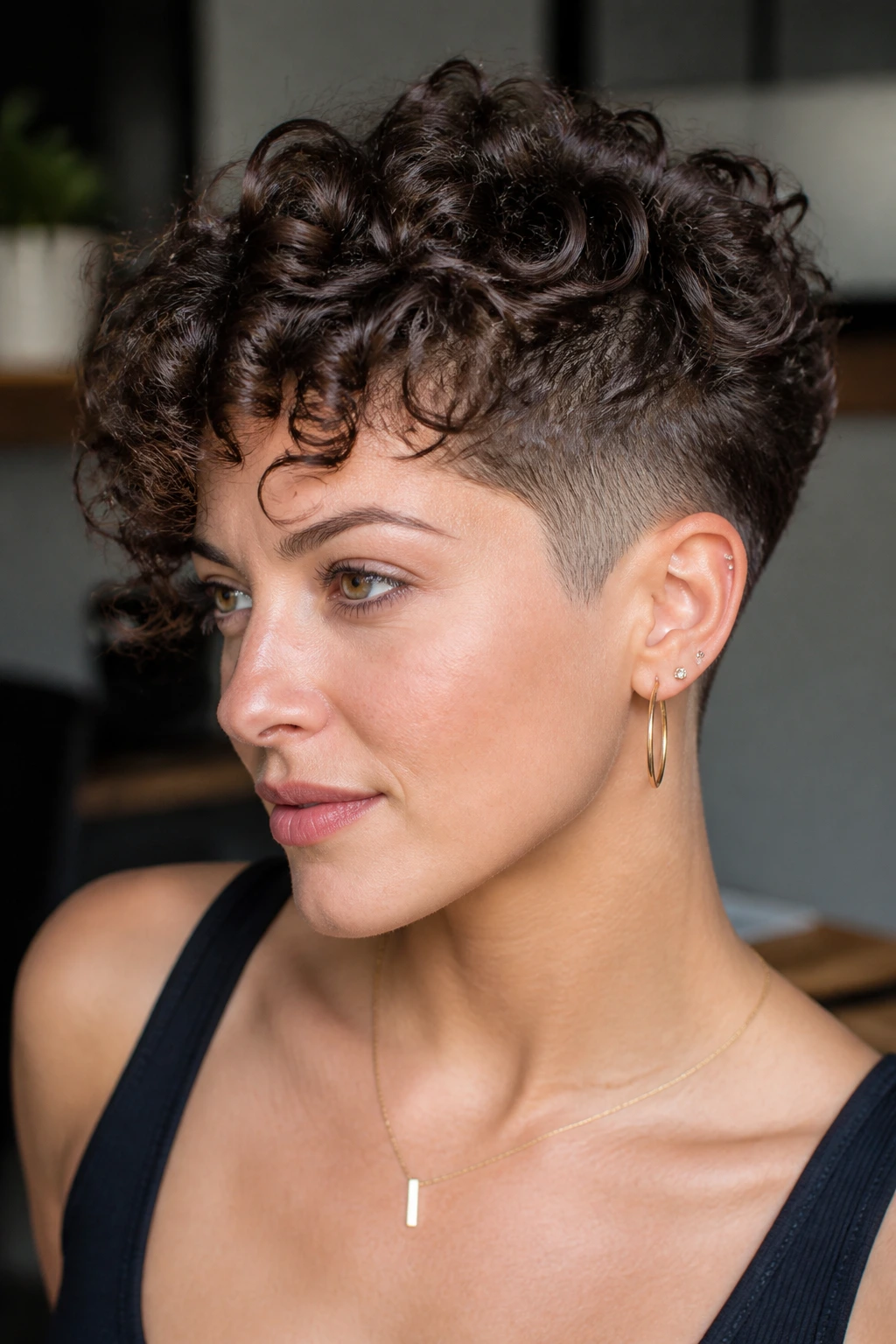 Head-and-shoulders portrait of a real person with an undercut and dense curly top