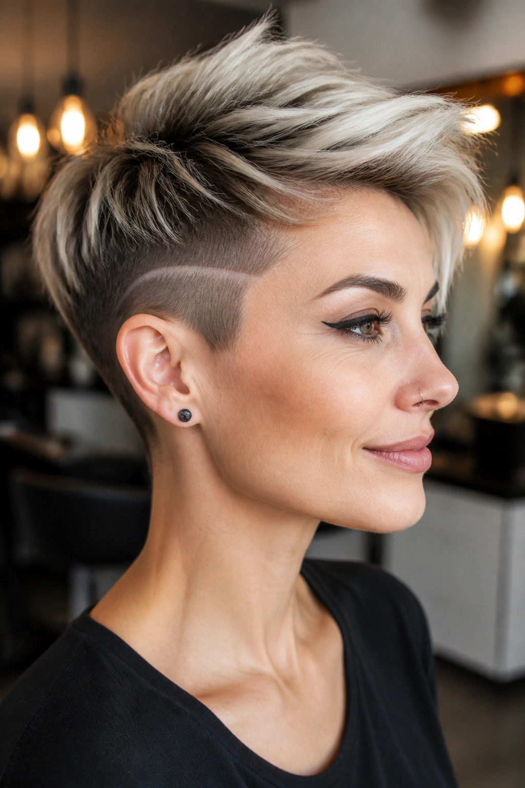 Close-up of a real woman with a disconnected undercut pixie in a stylish salon.
