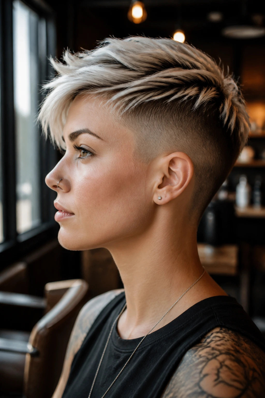 Side-profile portrait of a real person with an undercut pixie fade