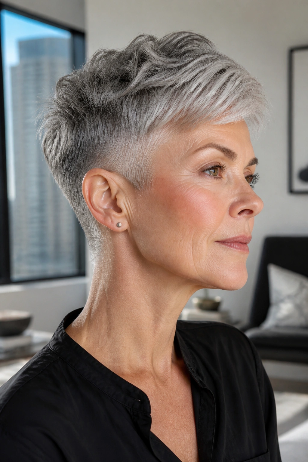 Real woman with undercut pixie hairstyle in soft window light