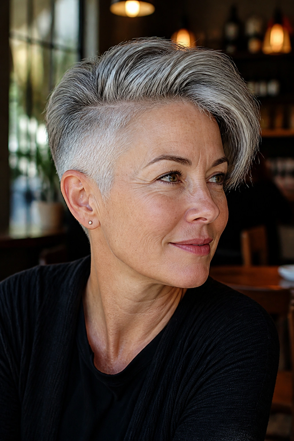 Close-up of a real woman with an undercut pixie in gray with longer top