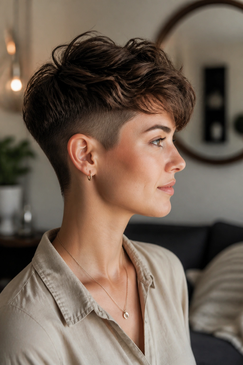 Side-profile portrait of a real person with undercut pixie and soft top.