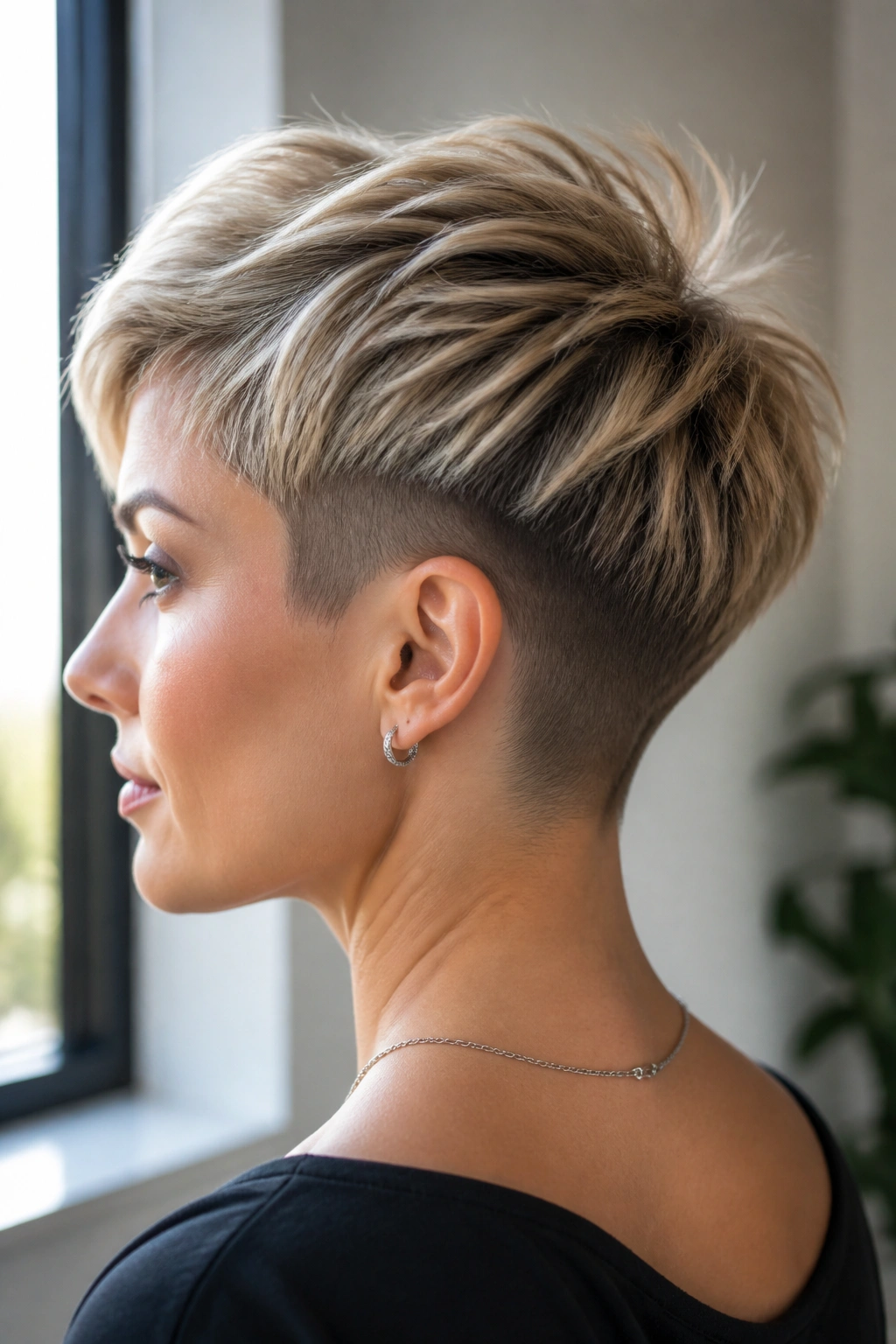 Close-up of a real person with an undercut pixie showing a shaved nape