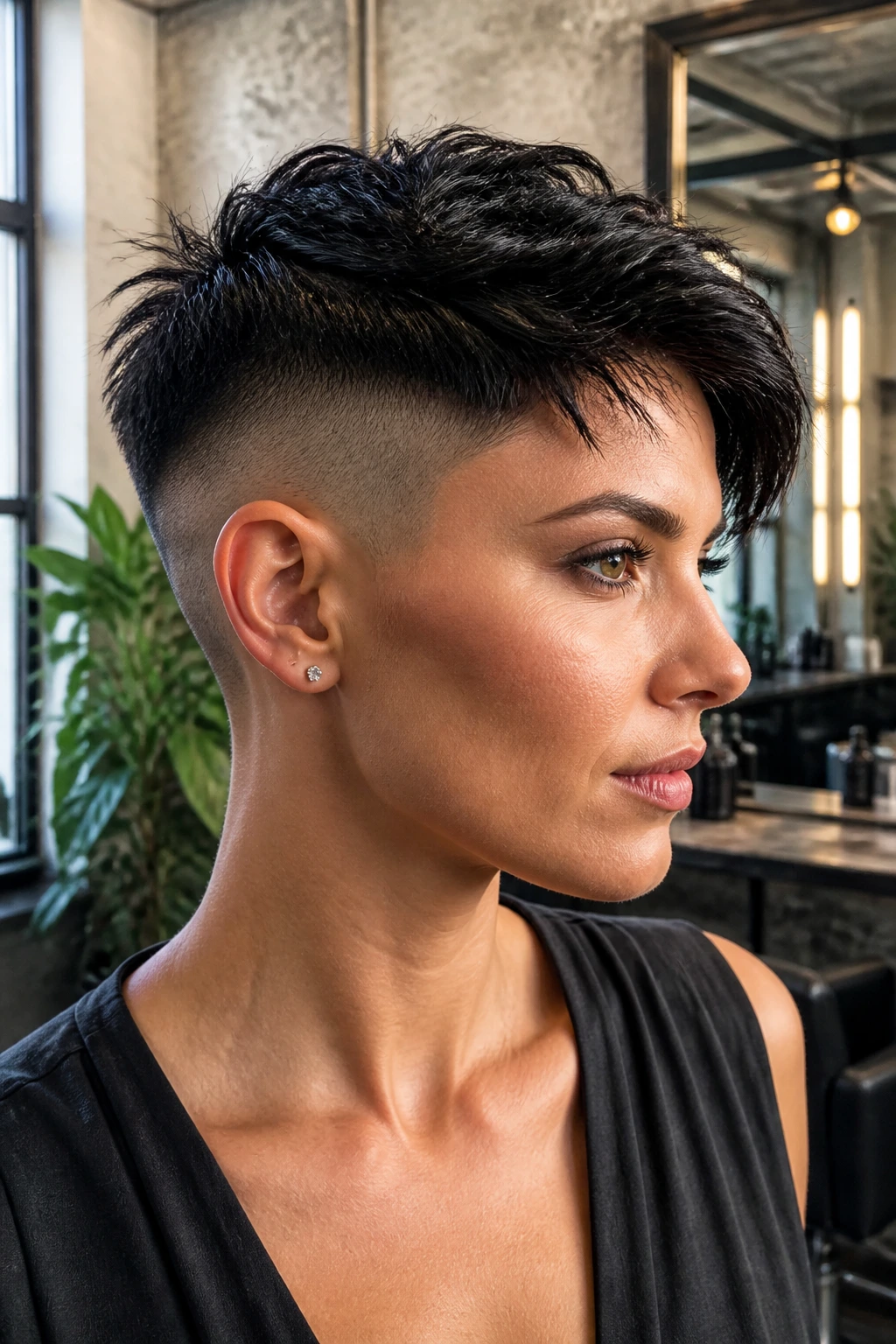 Close-up of a real person with an undercut pixie hairstyle in a salon