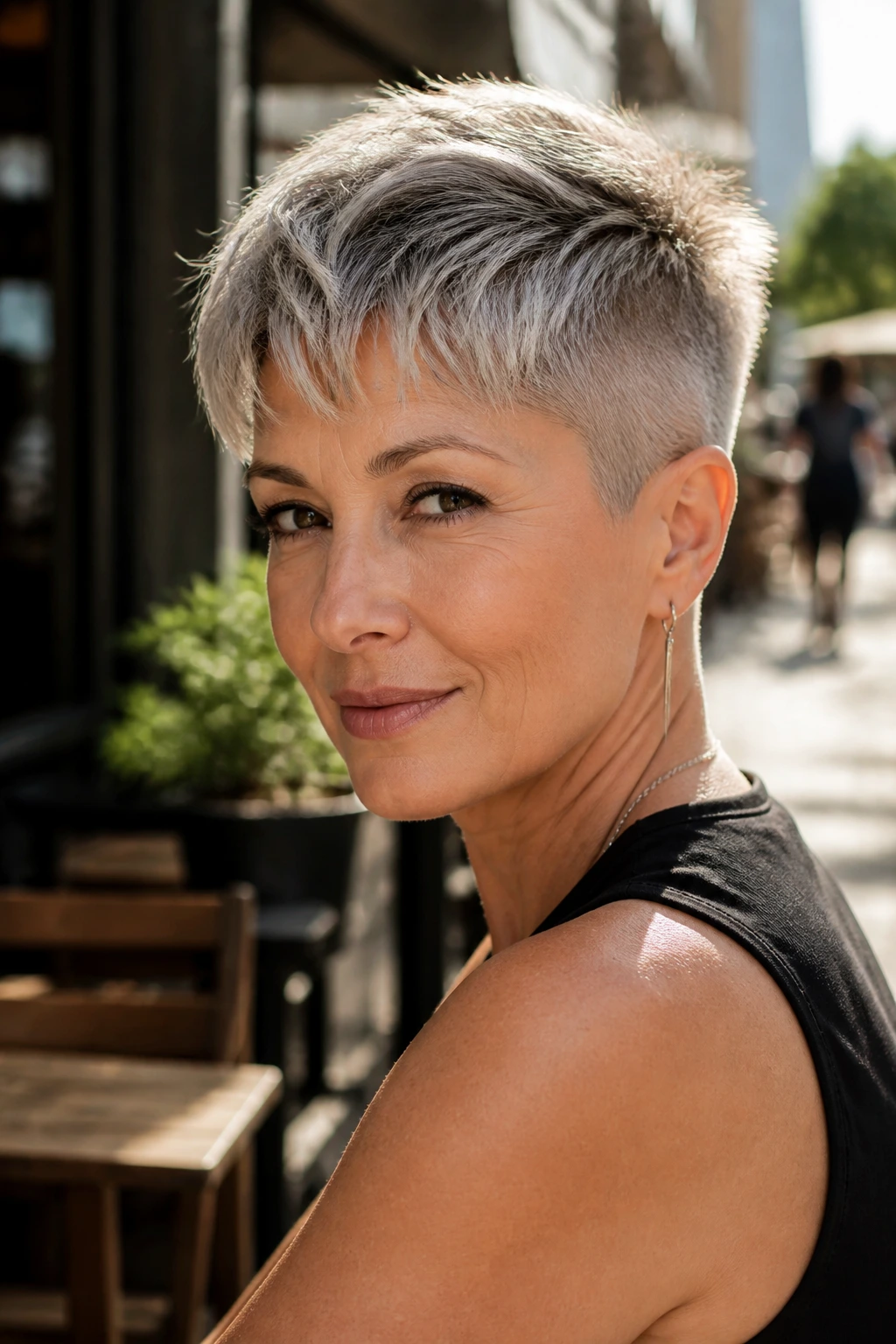 Real woman with undercut pixie hairstyle in natural light.