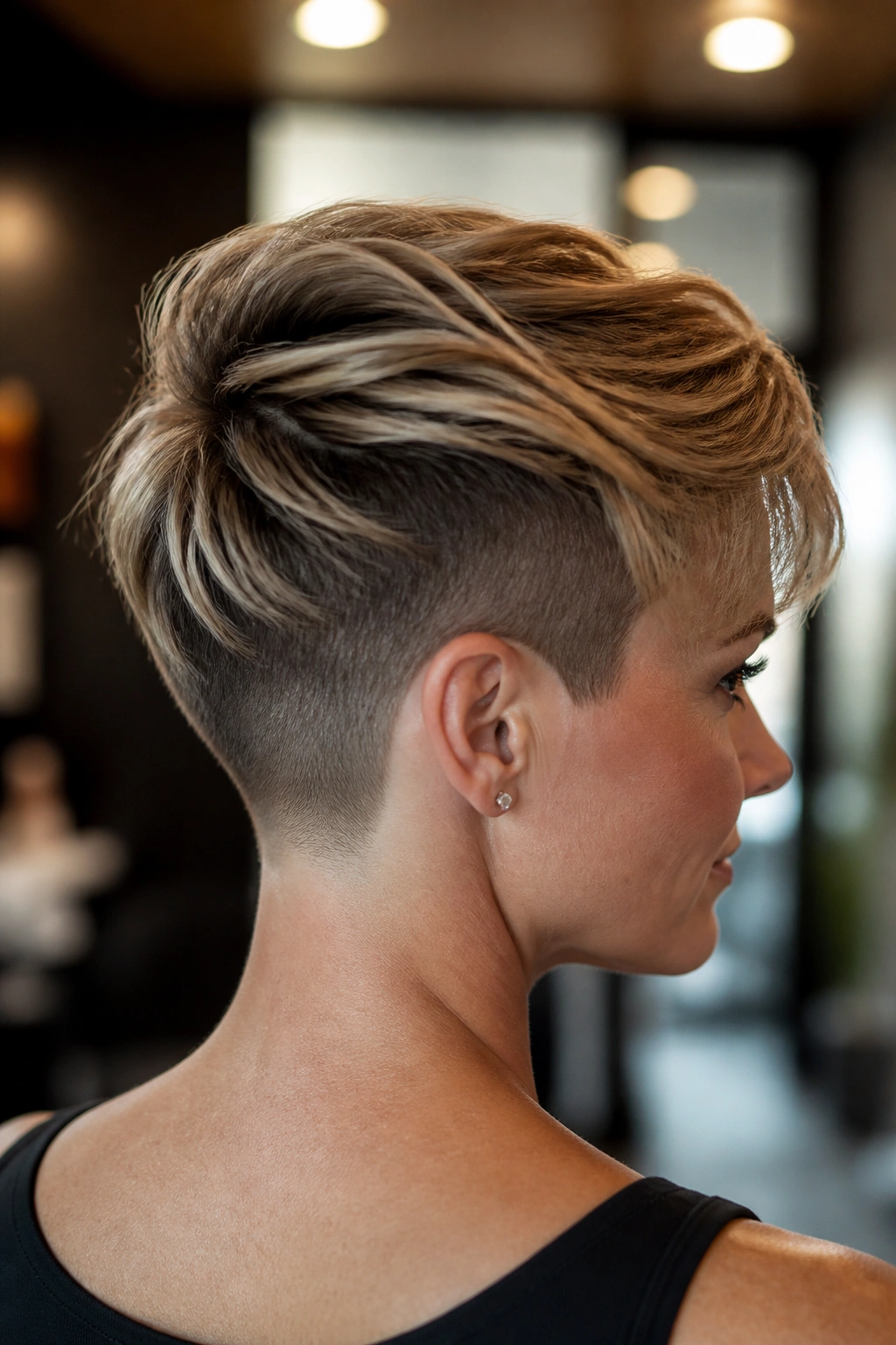 Close-up of a real person with an undercut long pixie at the nape