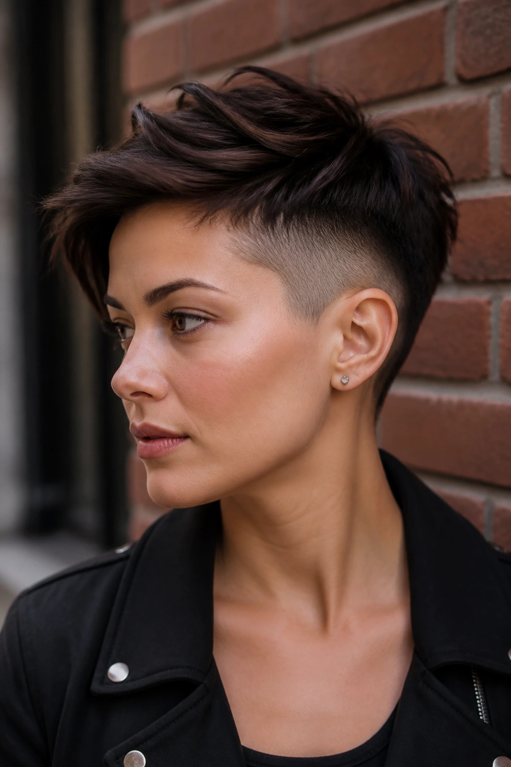 Close-up of a real woman with an undercut pixie in an urban setting